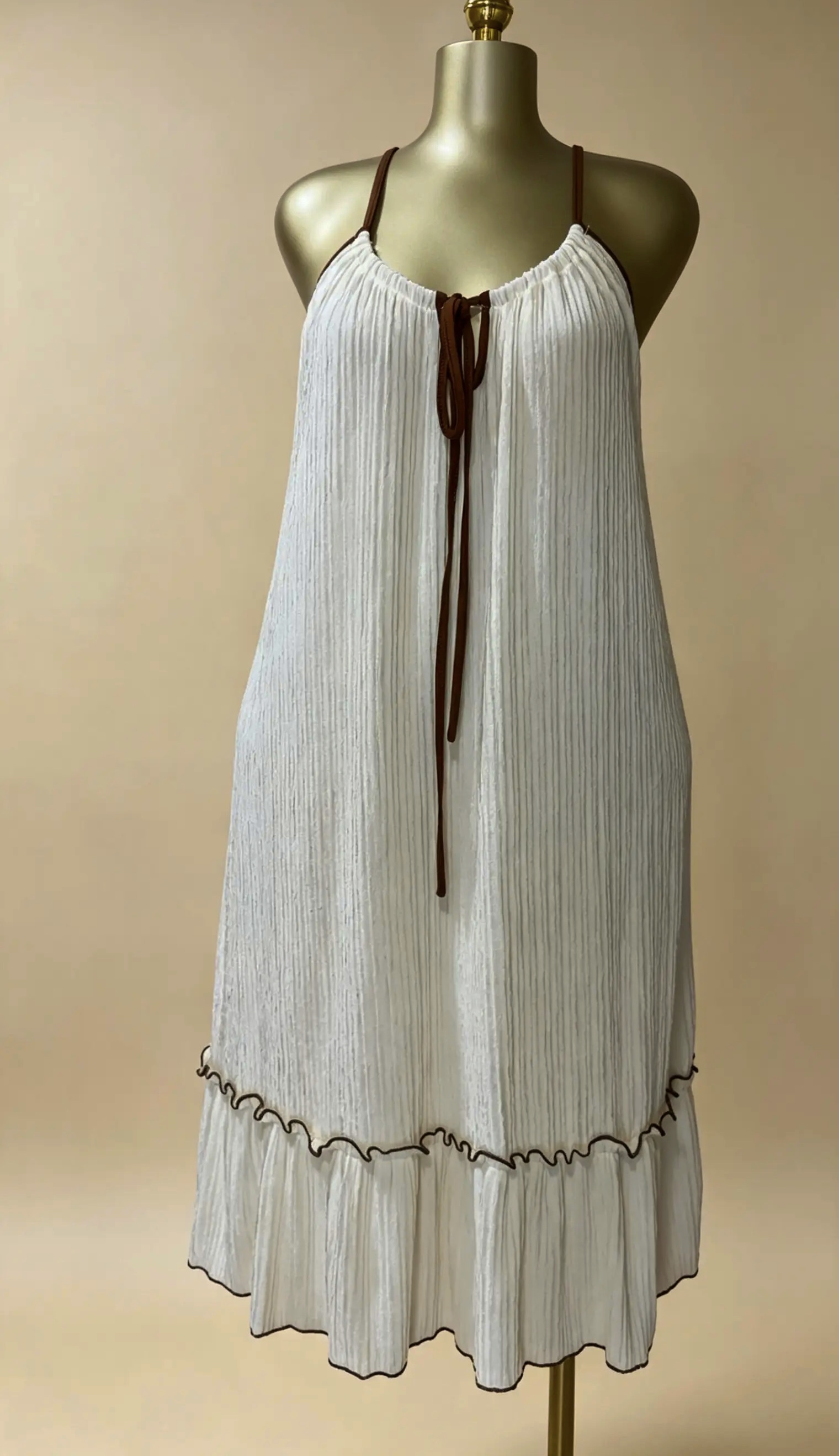 Ivory & Brown Contrast-Trim Pleated Cami Dress
