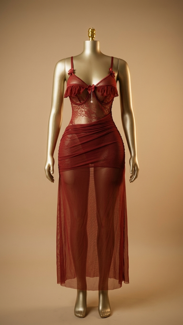 Crimson Ruffled Mesh Maxi Slip