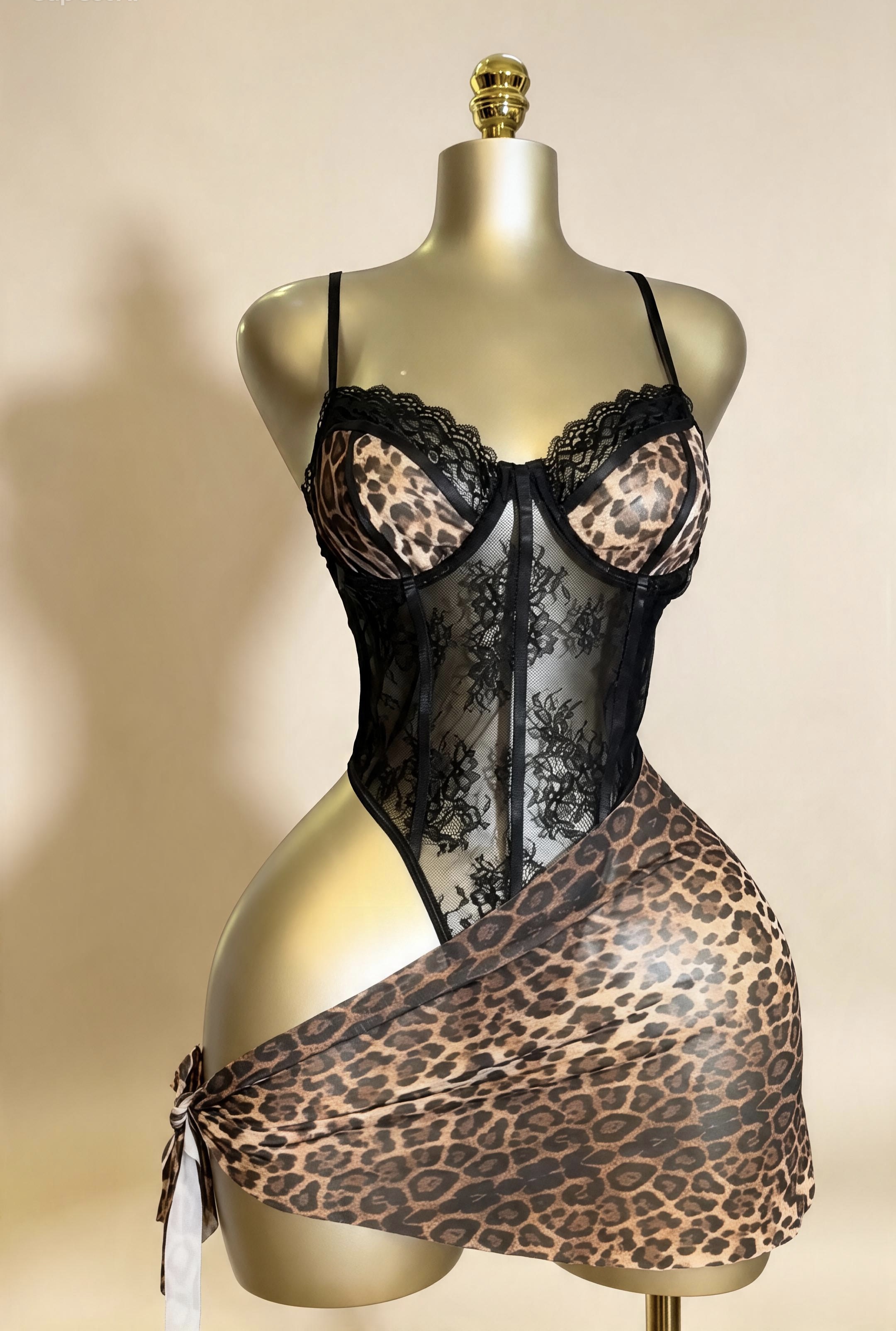 Leopard Print Wrap-Skirt Lingerie Set
