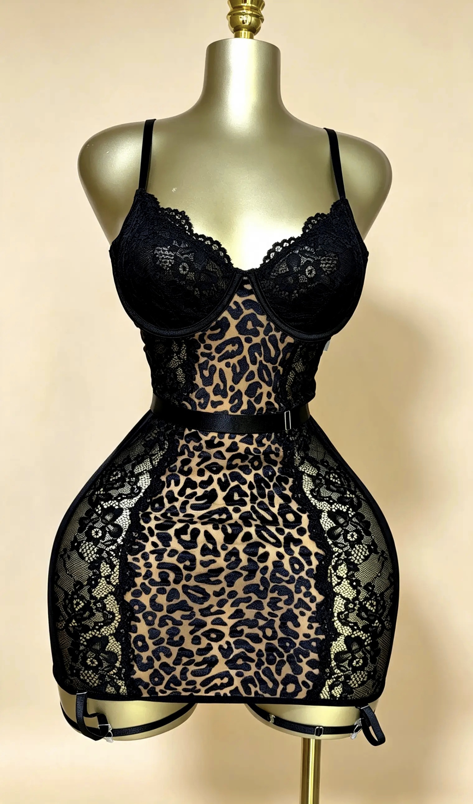 Leopard Print & Black Lace Bodysuit with Garter Straps