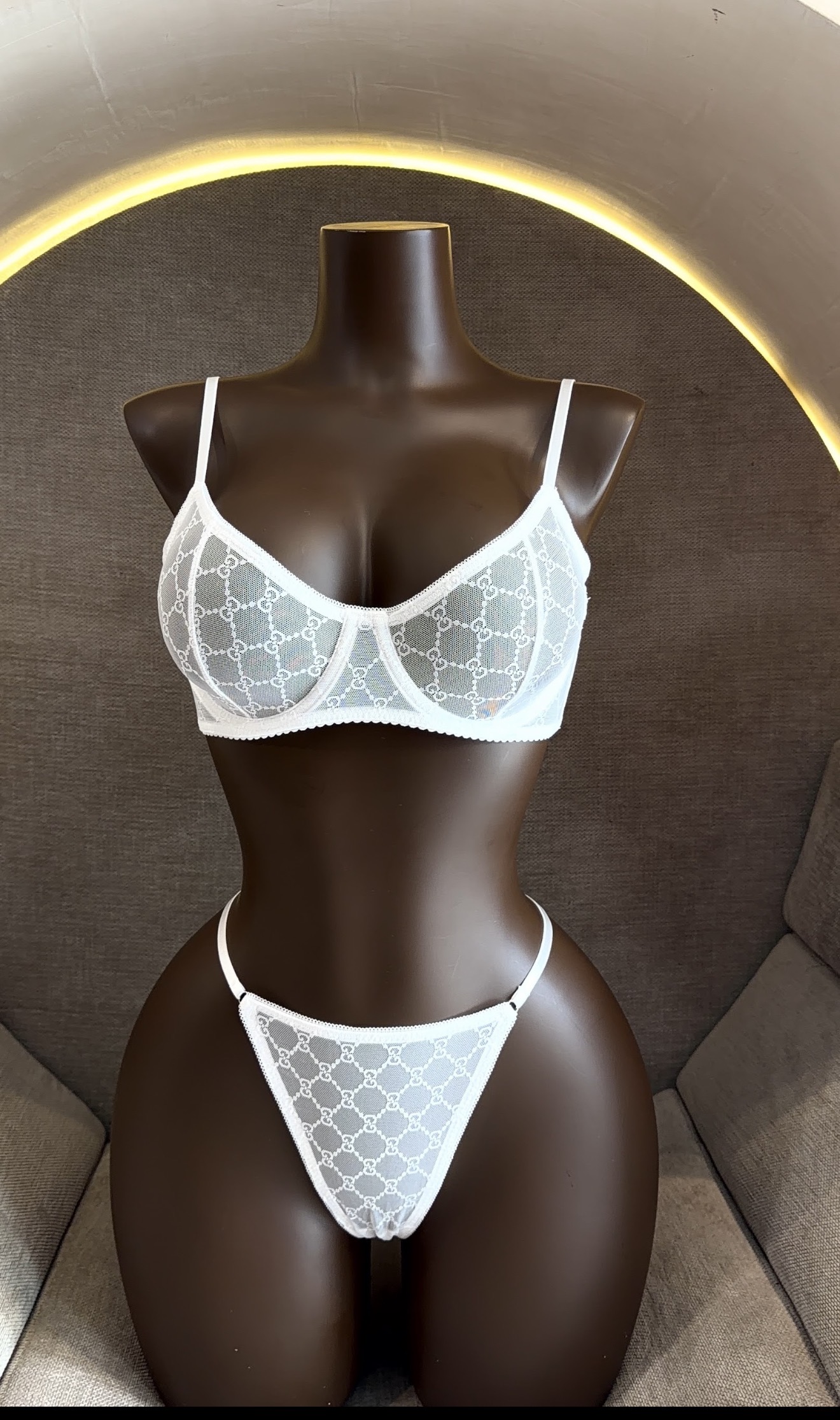 White Monogram Mesh Lingerie Set