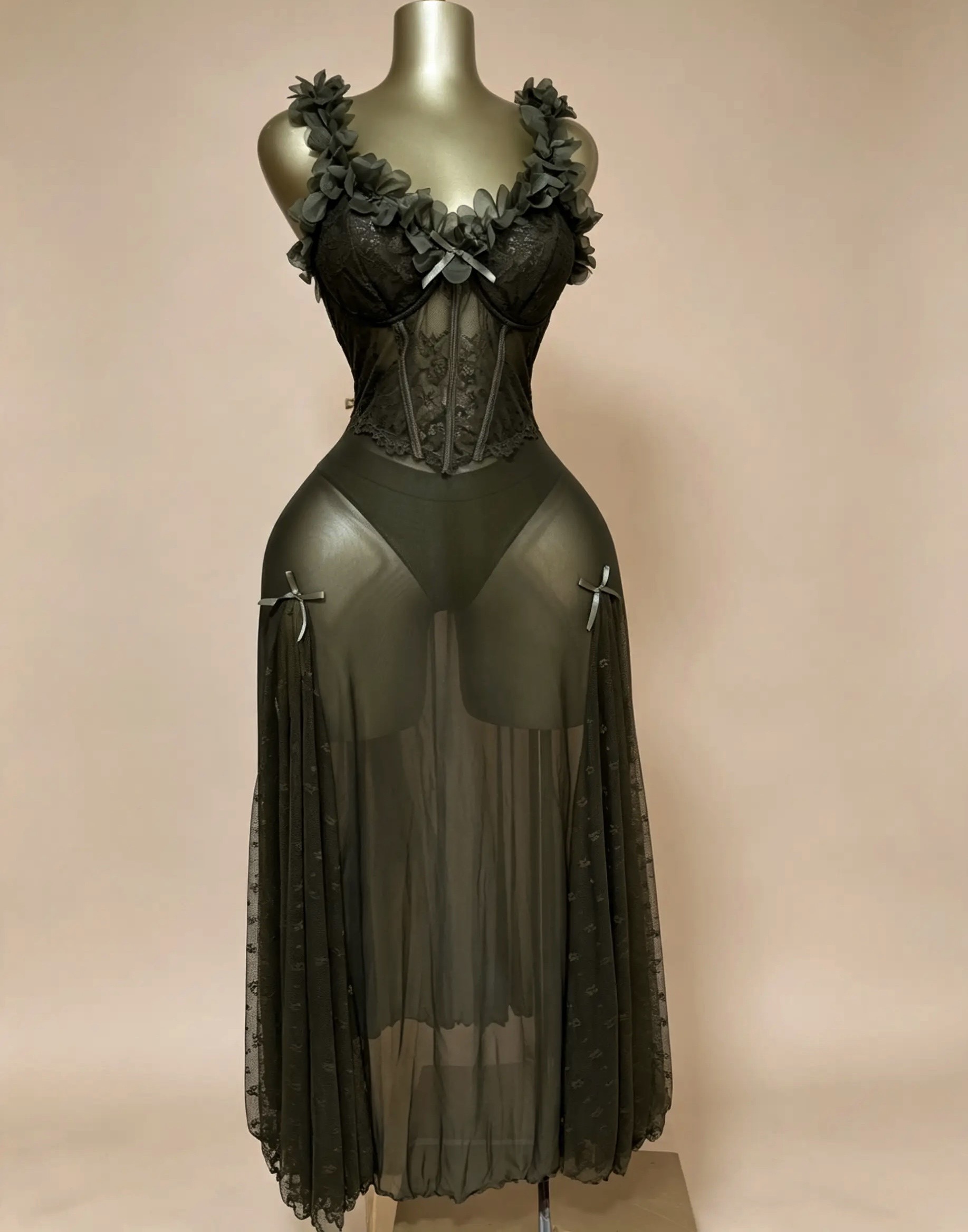 Goth-Glam Floral Appliqué Mesh Gown SET