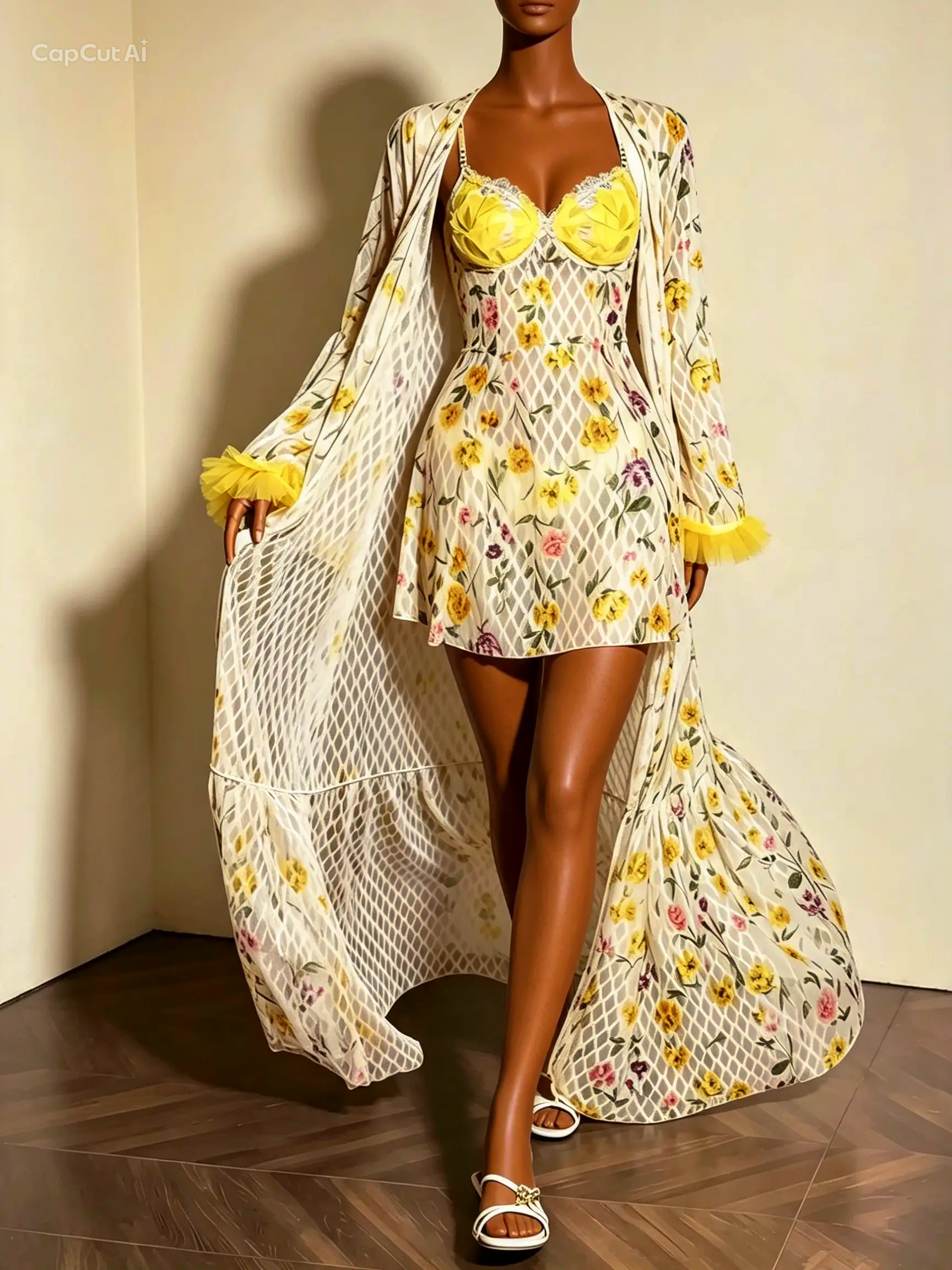 Yellow Floral Lattice Mesh Lingerie and Robe Set
