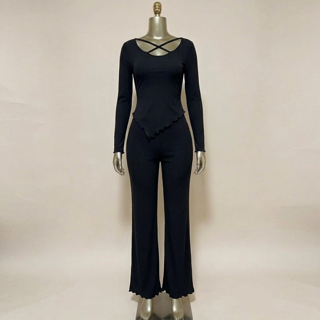 Scalloped Ribbed Knit 'X-Front' Lounge Set