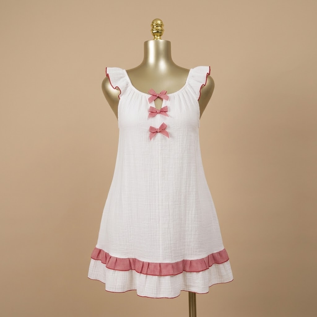 Red Gingham Bow-Accented White Nightgown