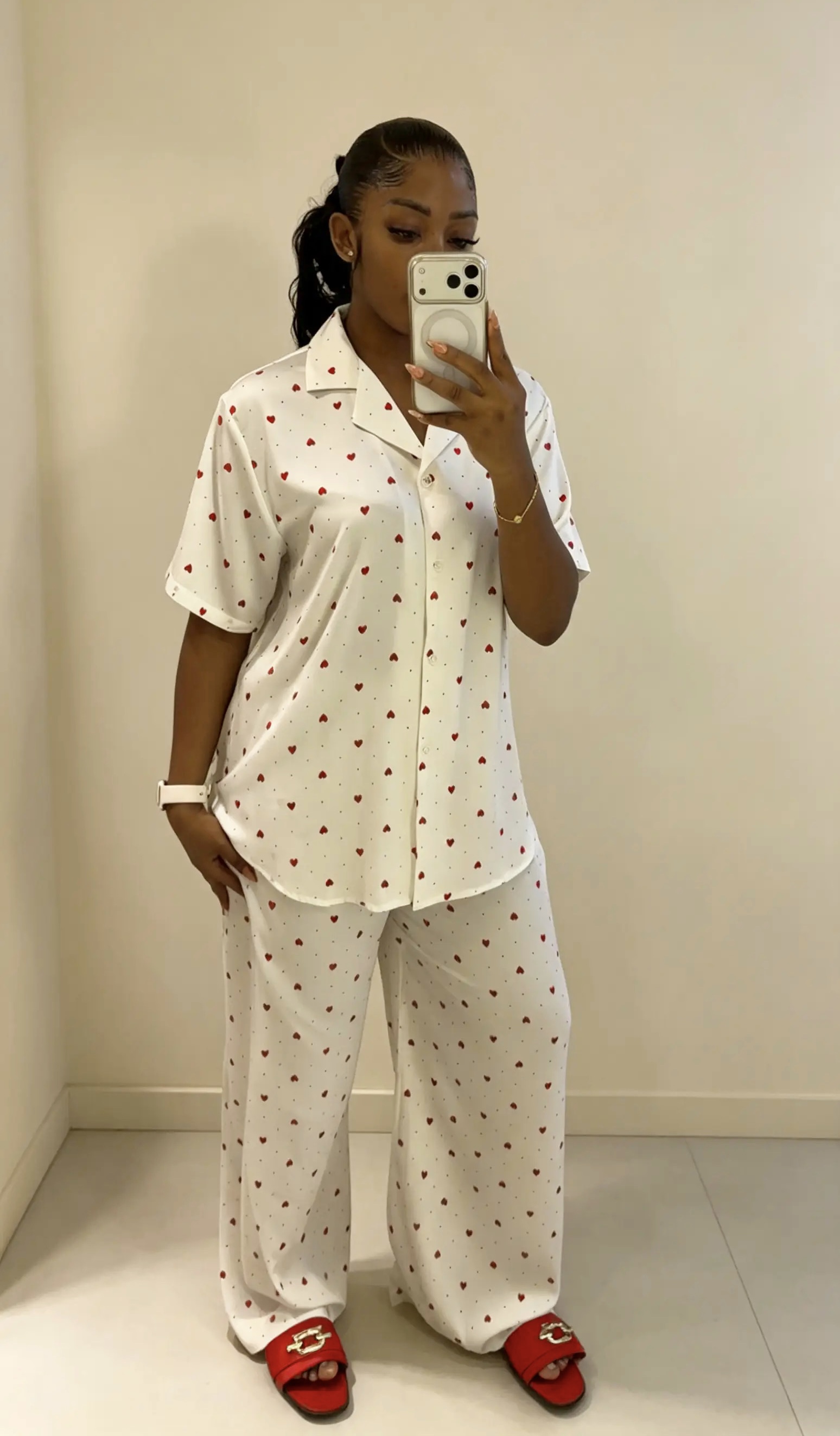 Sweetheart Satin Pajama Set – White