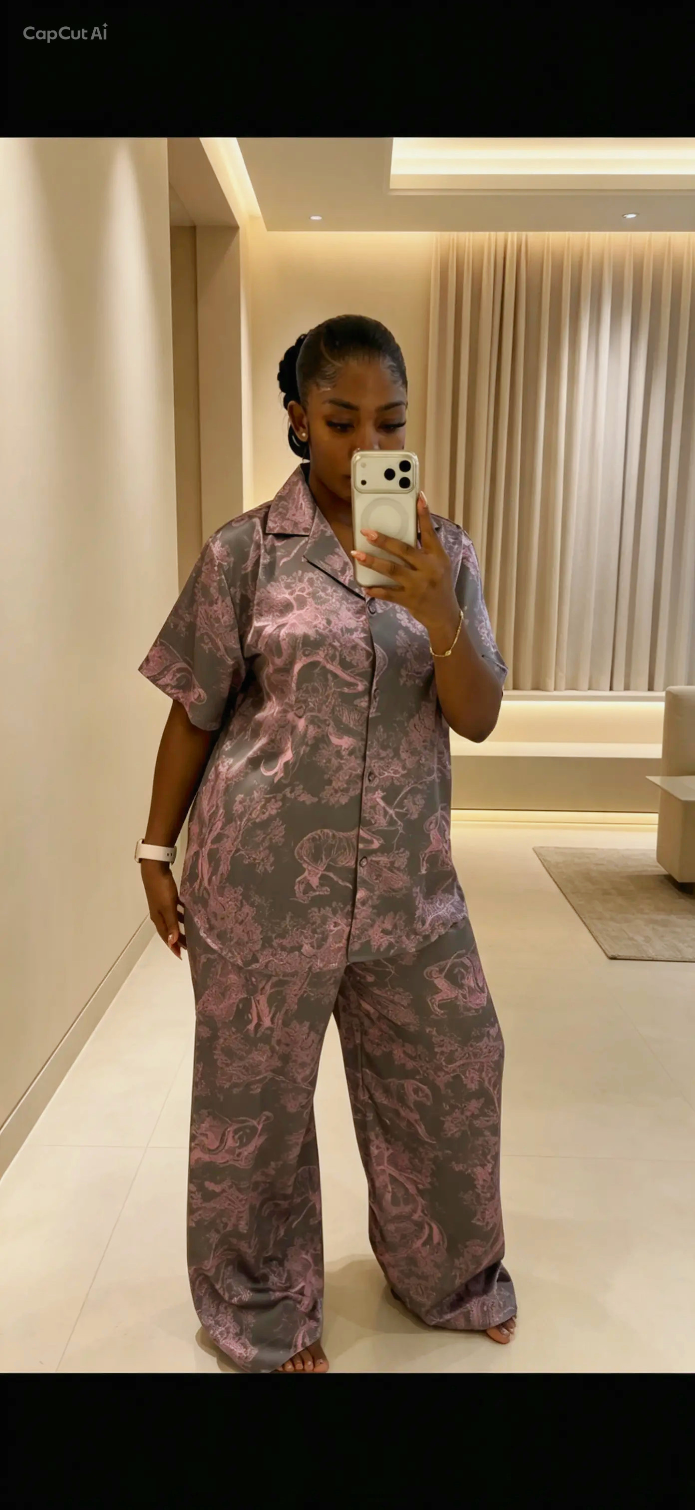 Vintage Toile Satin Pajama Set – Charcoal & Pink