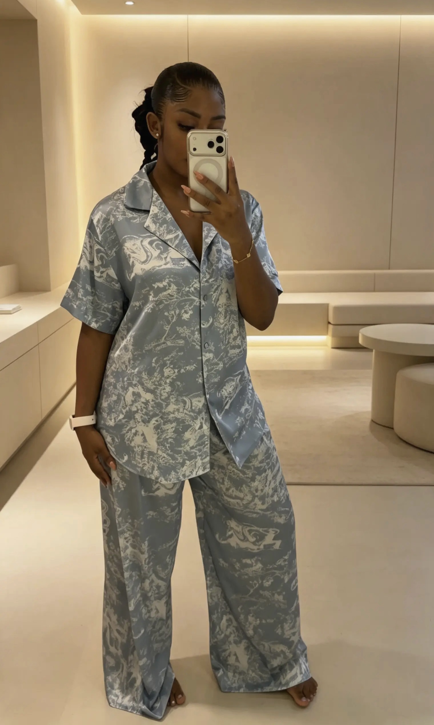 Vintage Toile Satin Pajama Set – Icy Blue