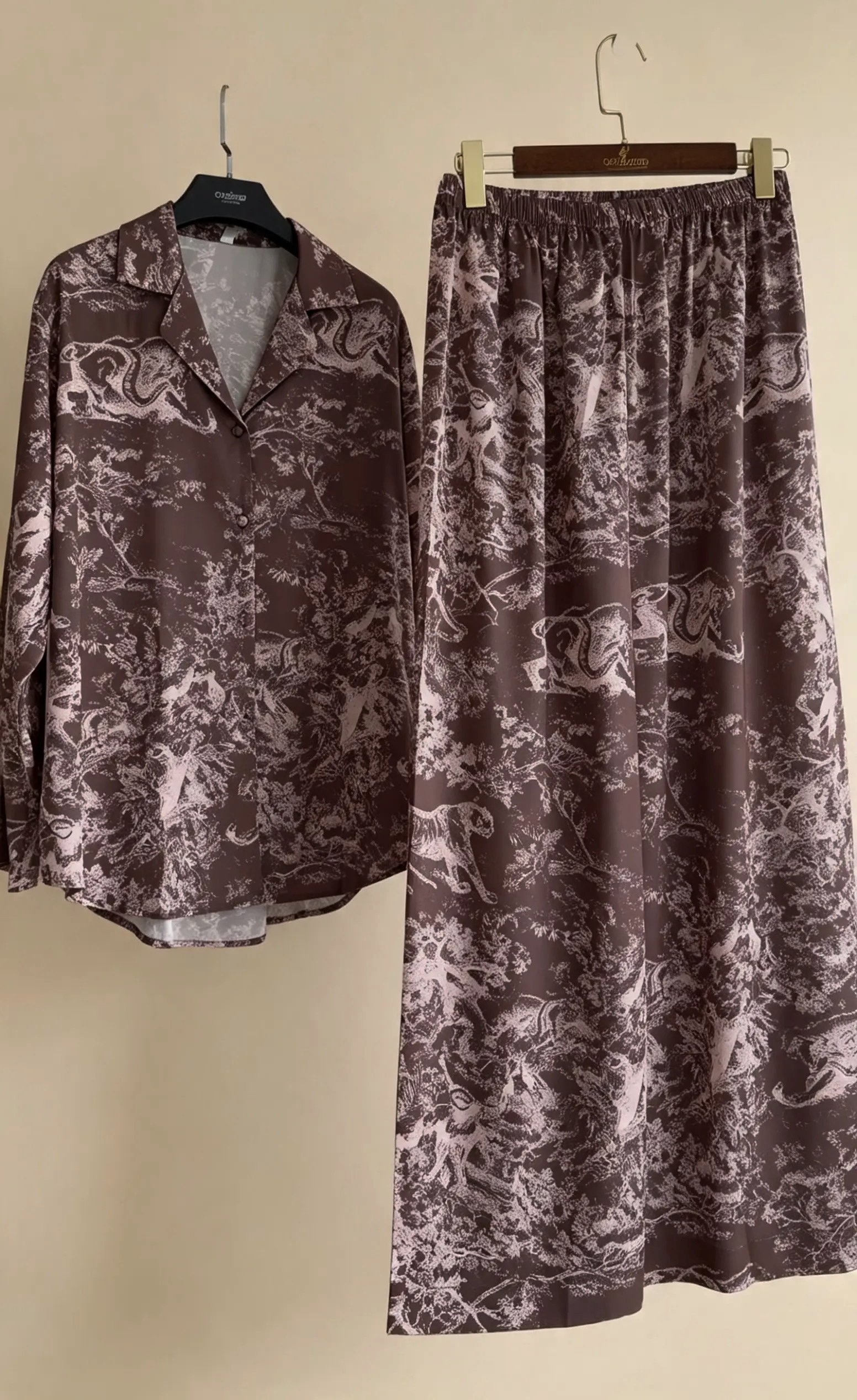 Chocolate Brown Toile de Jouy Silk Pajama Set