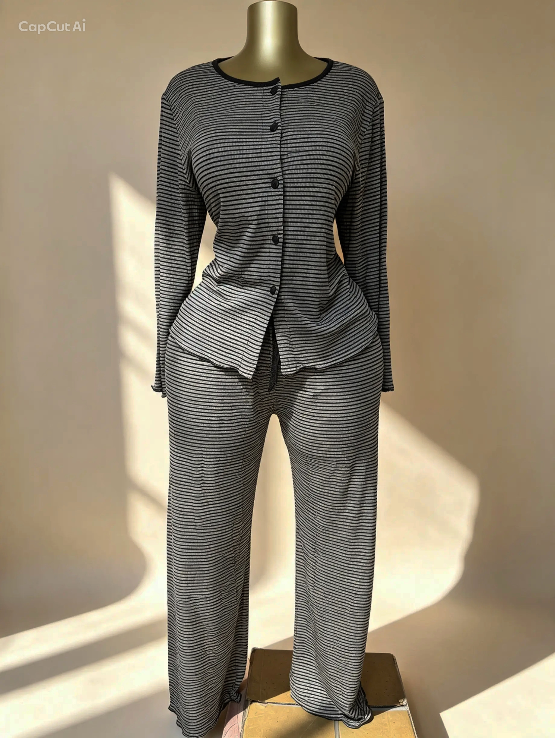Striped Ribbed Long-Sleeve Pajama Set
