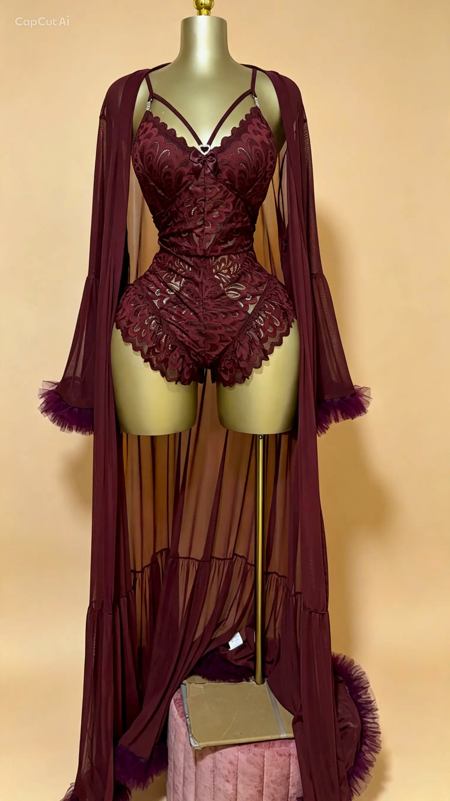 Burgundy Lace Teddy & Sheer Ruffle Duster Set