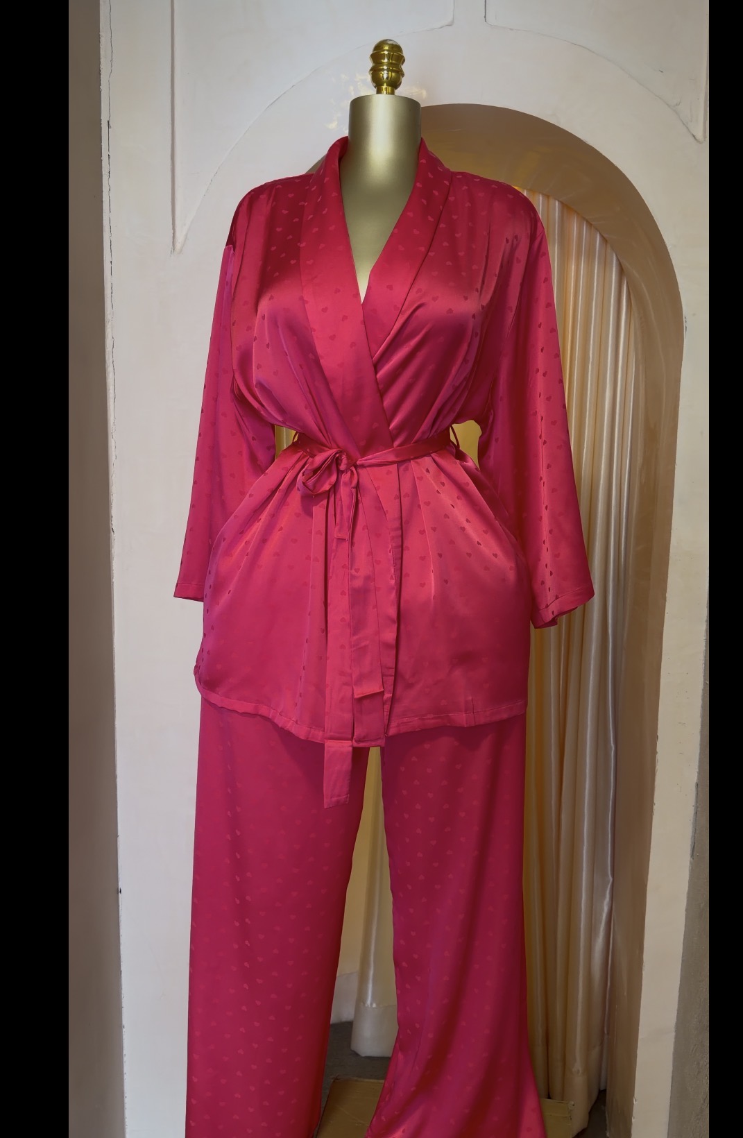Hot Pink SILK Jacquard Wrap Robe & Pant Set