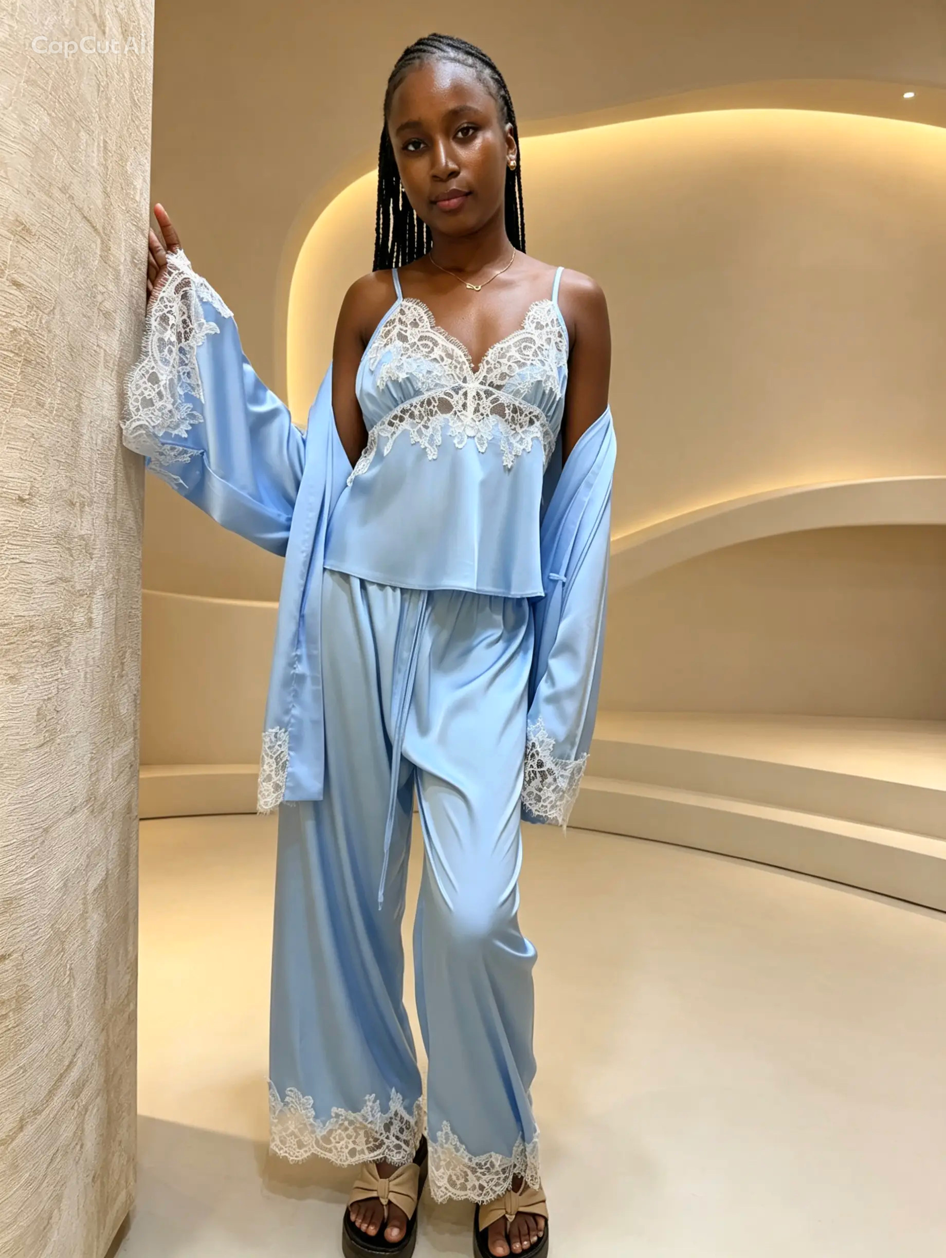 3PCS Light Blue Silk Sleepwear Set