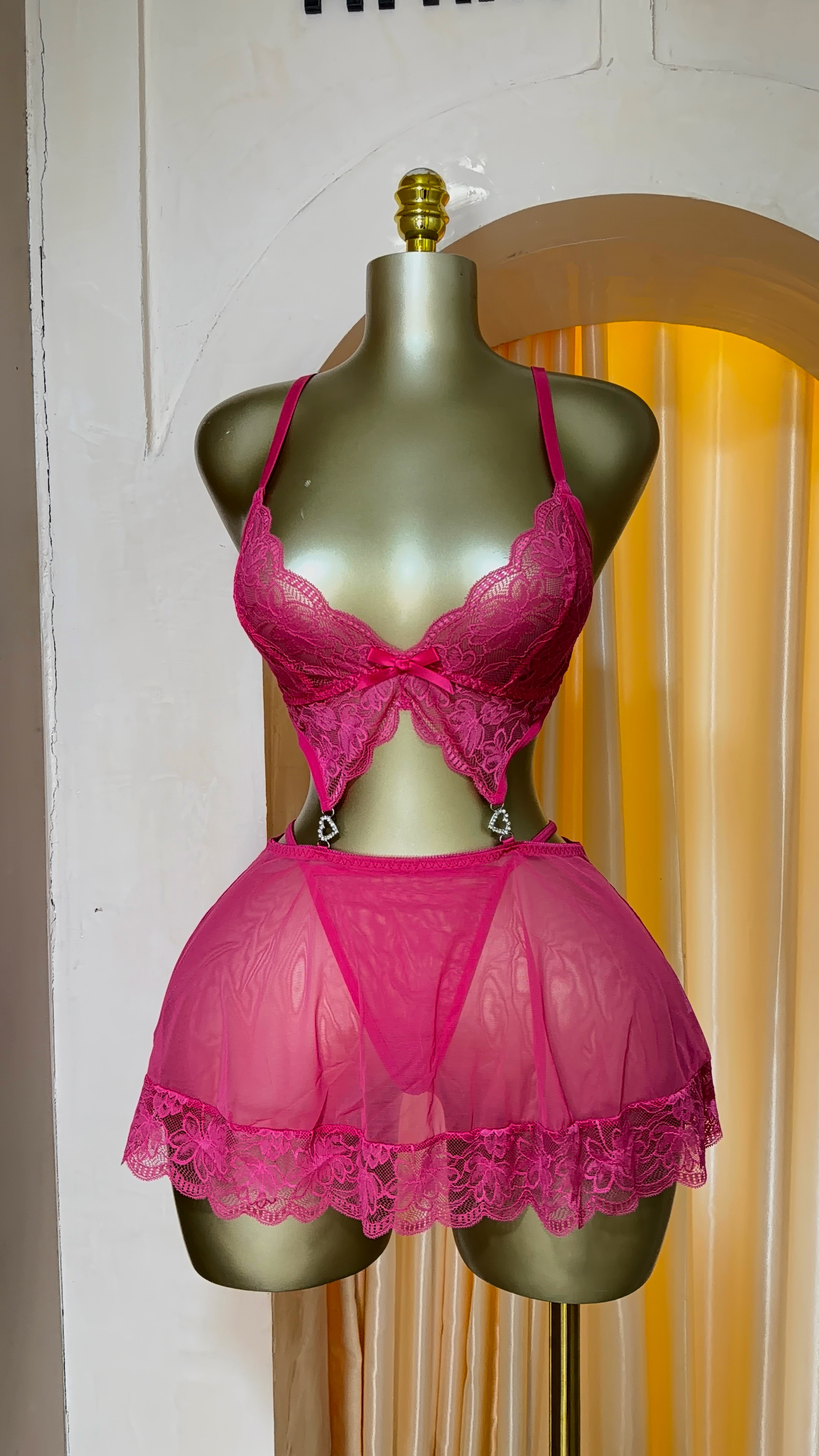 Bright Pink Sheer Lace & Mesh Lingerie Set