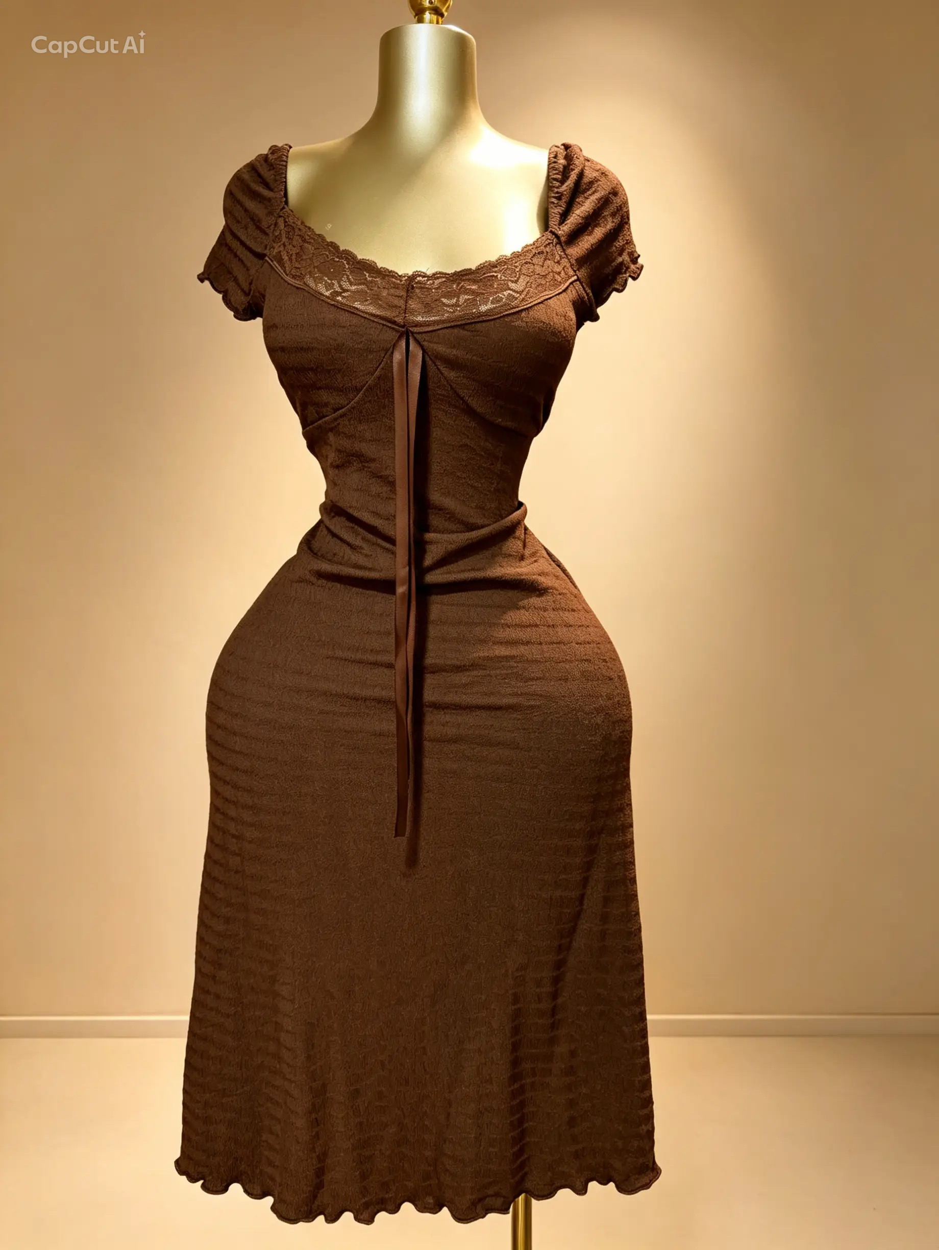 Brown Ribbed Knit Dress with Lace Trim