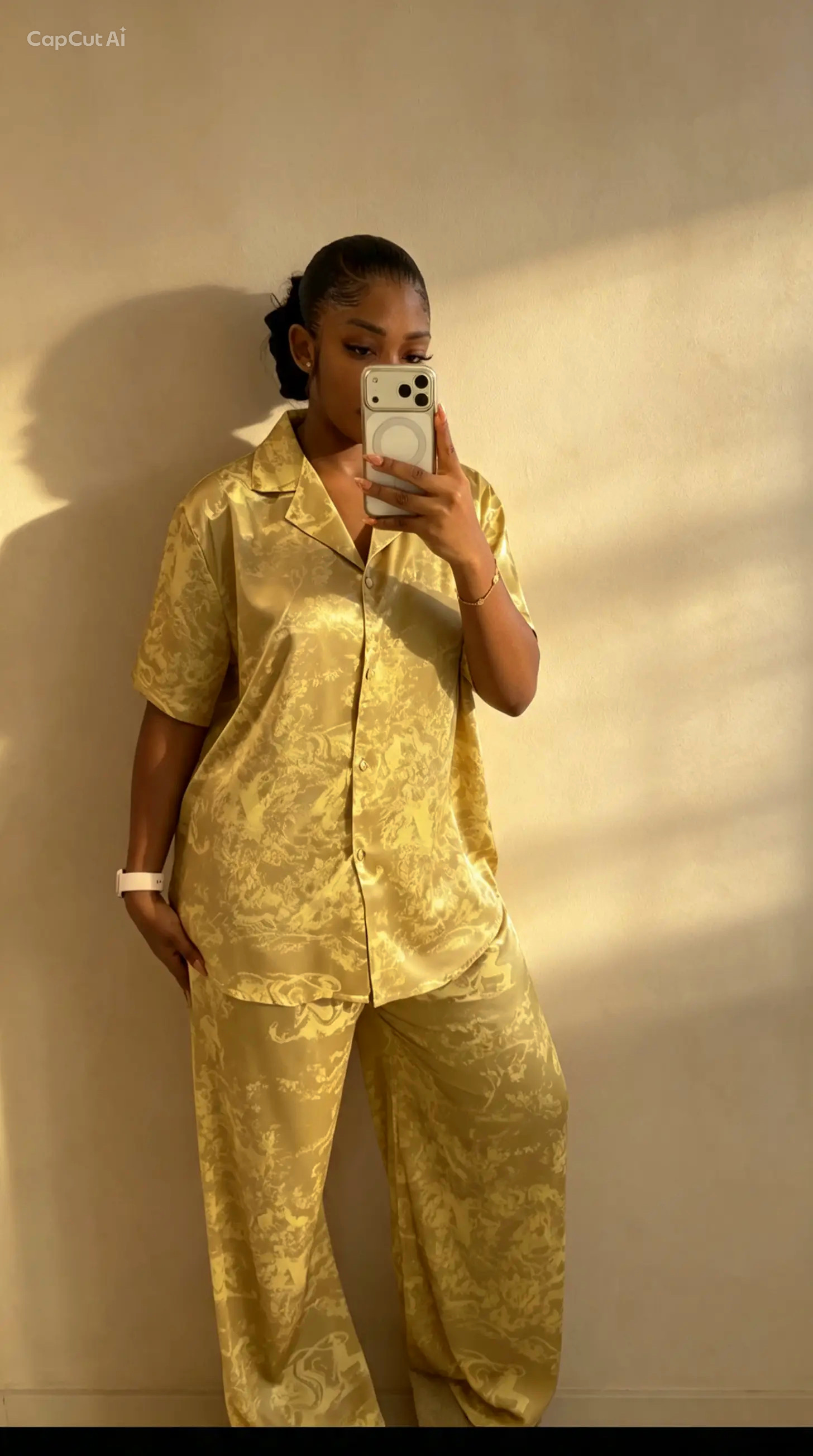 Gold Patterned Silk Short-Sleeve Pajama Set