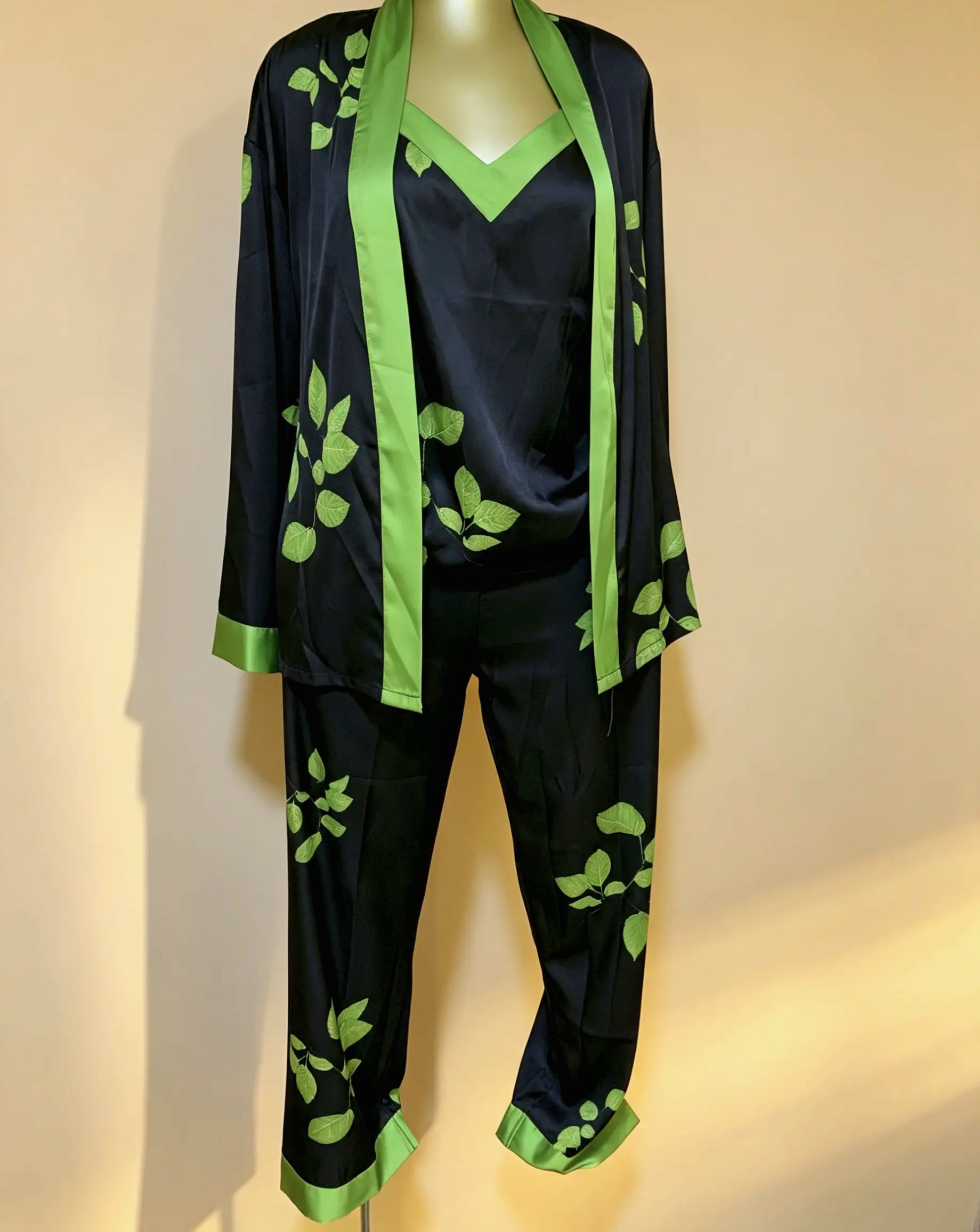 3PCS Green Leaf Silk Kimono Set