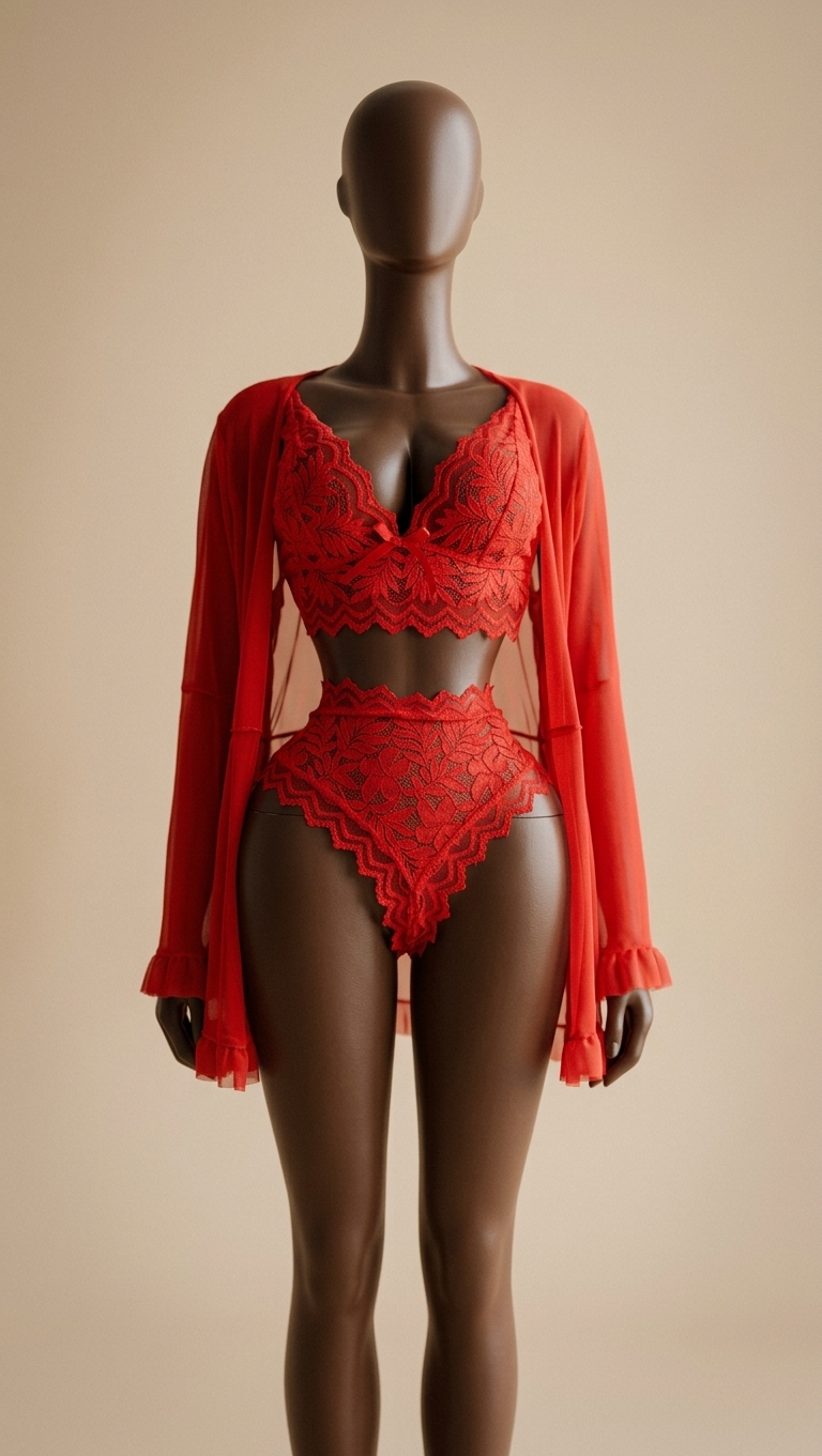 Scarlet Floral Lace Bralette & High-Waist Panty Set with Sheer Mesh Robe