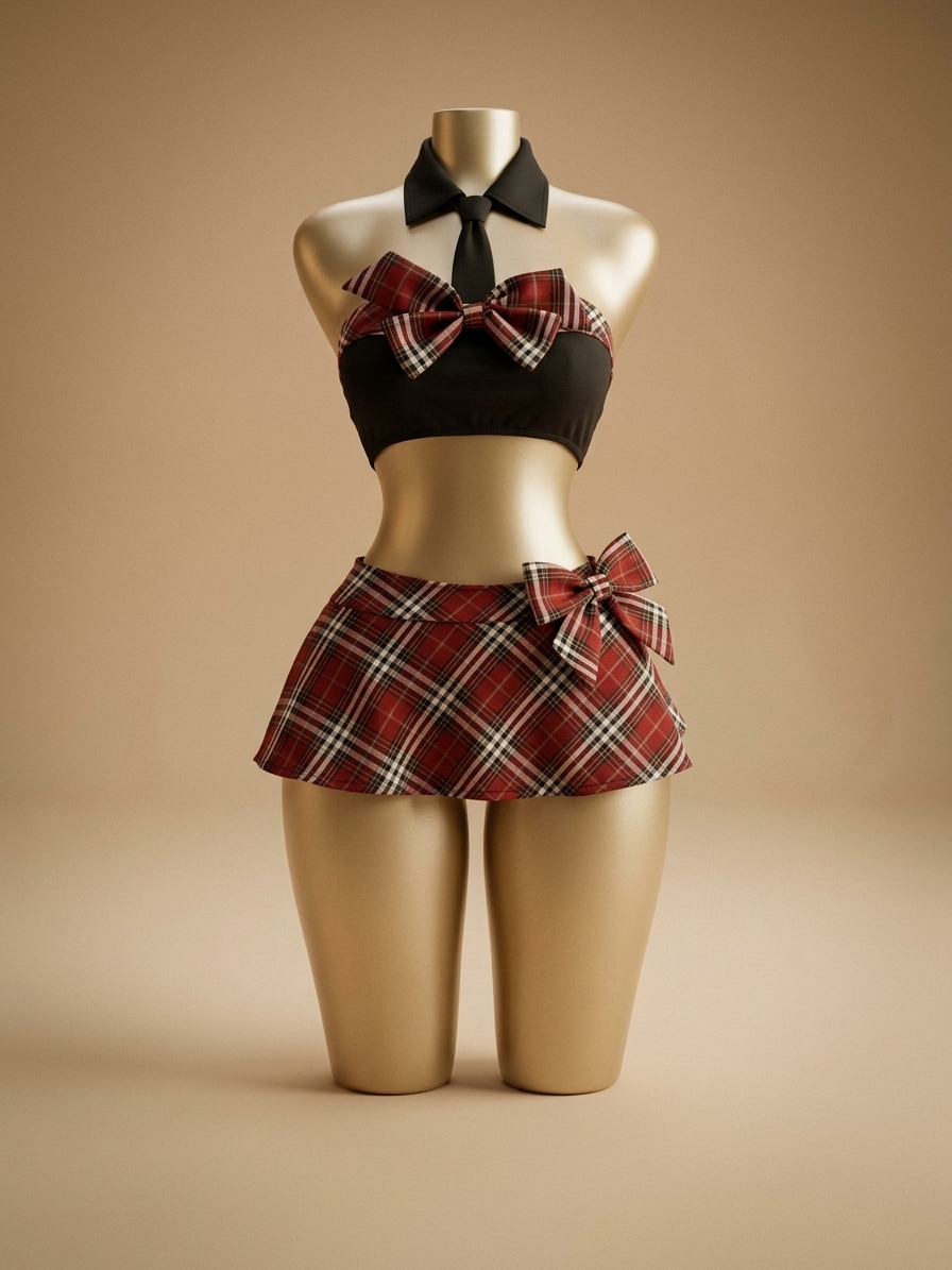 Playful Plaid Schoolgirl Lingerie Costume Set with Collar & Necktie