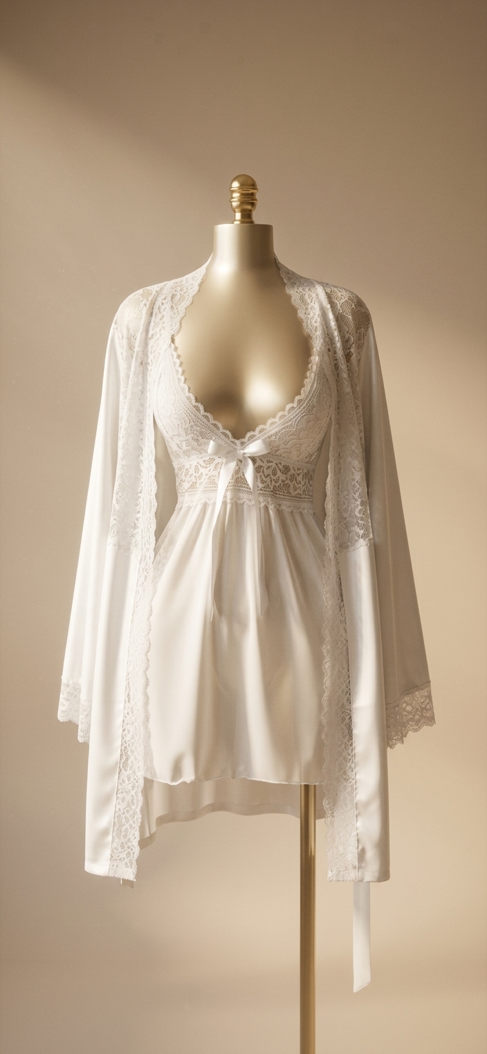 Elegant White Lace & Satin Lingerie Robe and Chemise Set