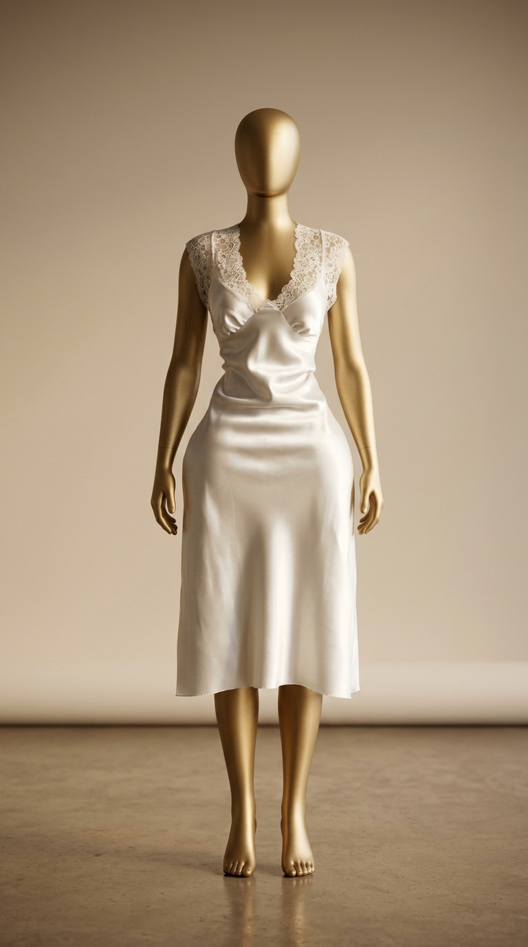 Elegant White Lace-Trimmed Satin Slip Dress