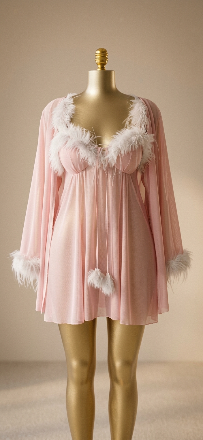Pink Feather-Trimmed Lingerie Robe and Chemise Set