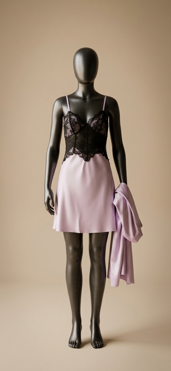 Lavender and Black Lace-Trimmed Satin Slip Dress Set