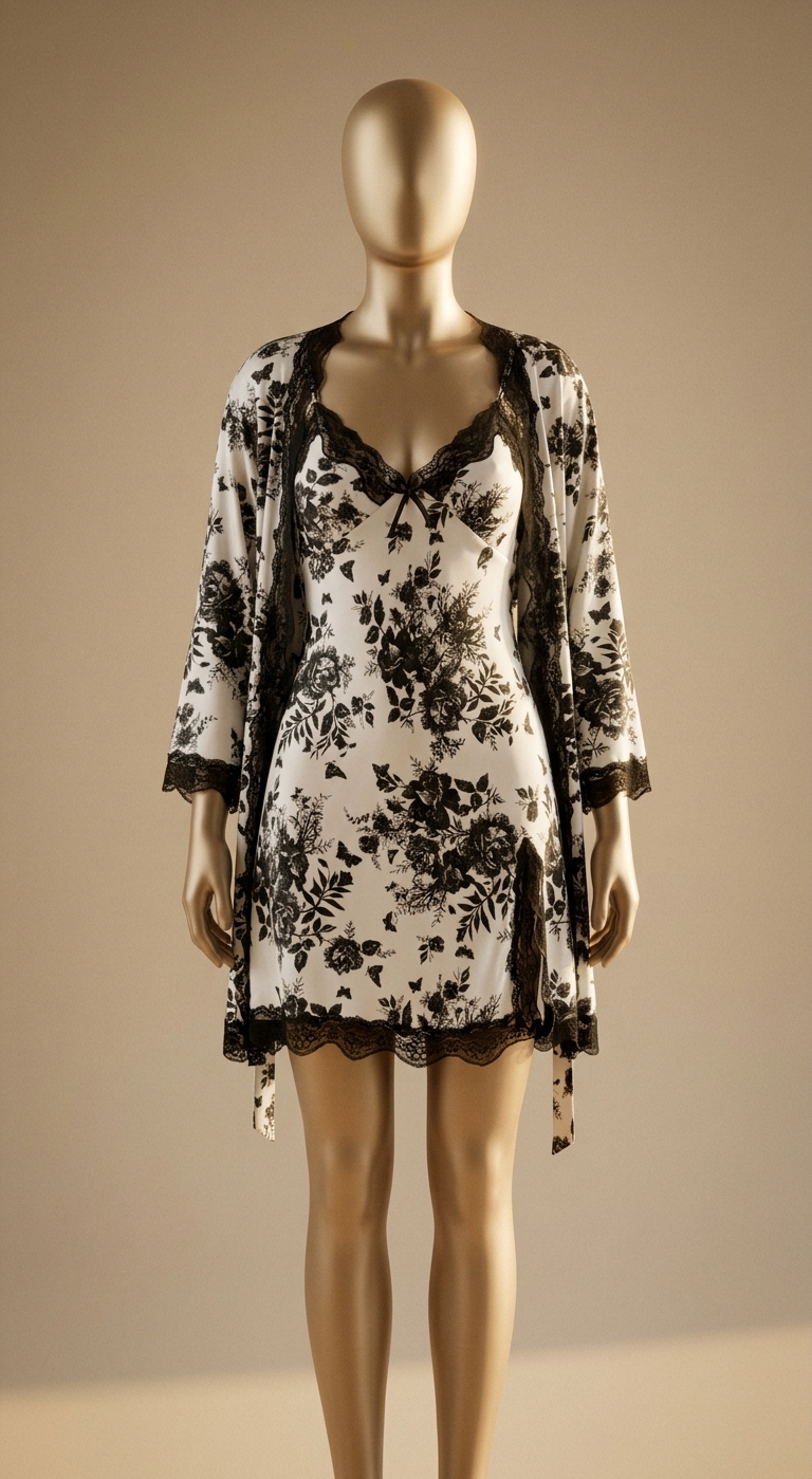 Black and White Floral Lace-Trimmed Satin Robe and Slip Set