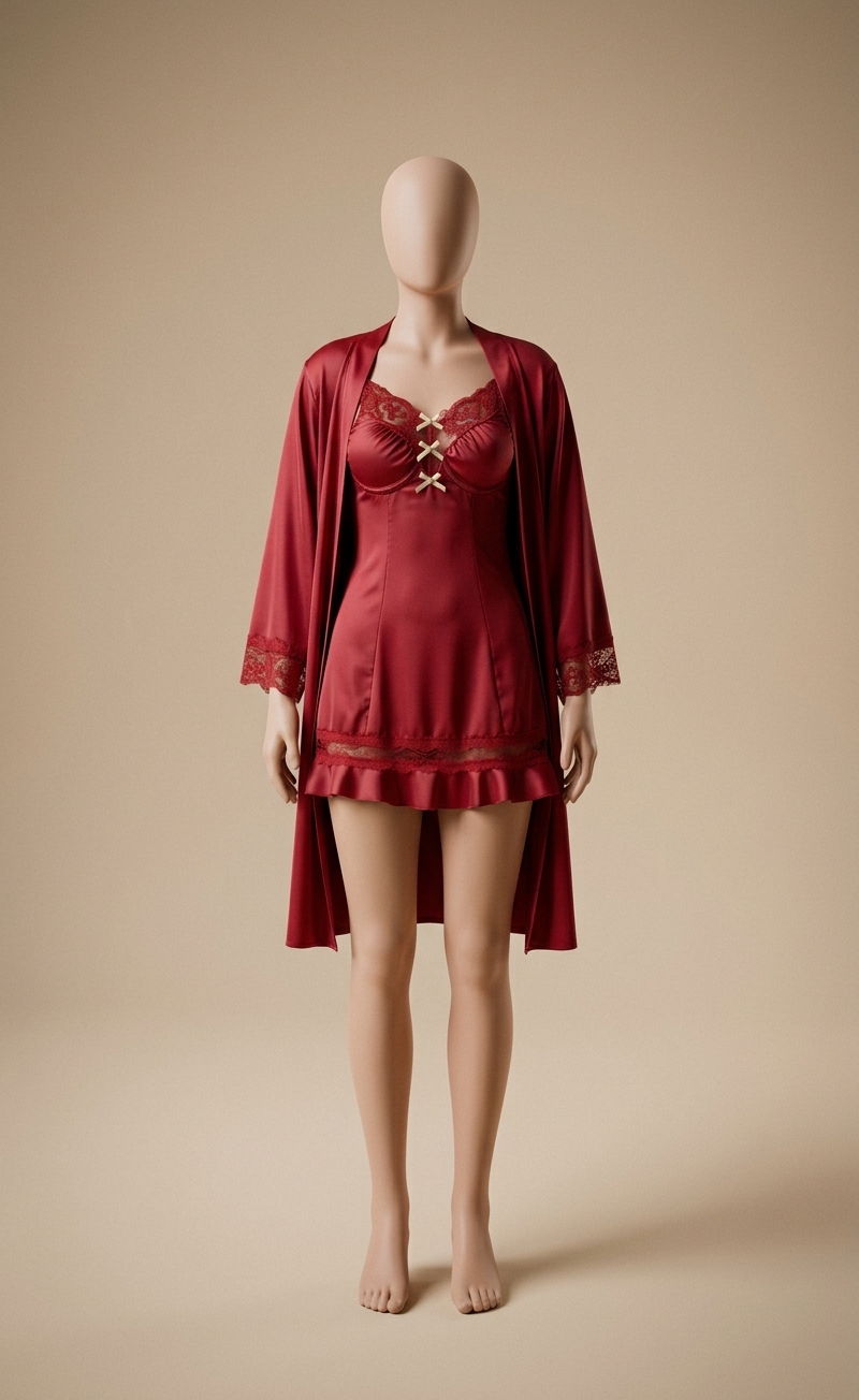 Deep Red Satin Lace-Trimmed Robe and Chemise Set