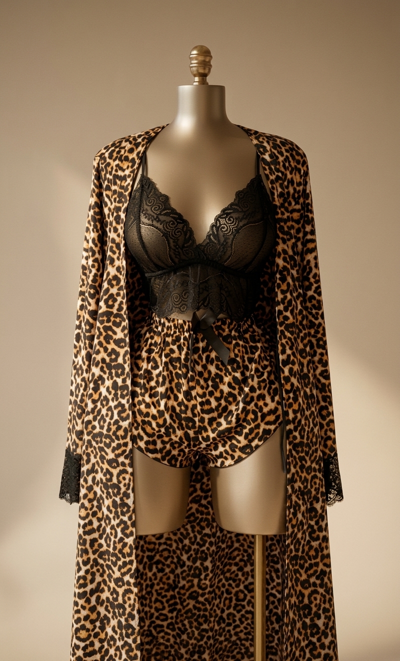 Leopard Print Lace-Trimmed Robe, Cami, and Shorts Set