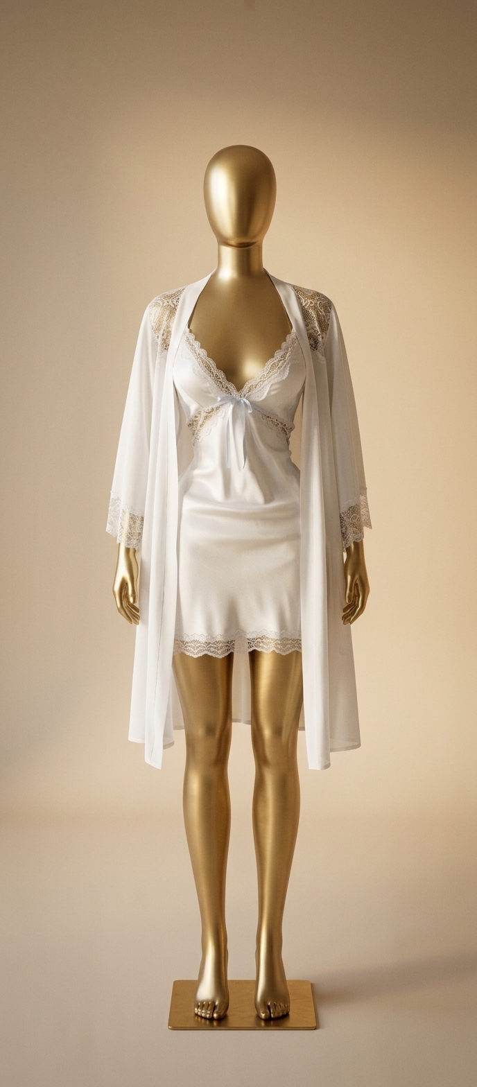 Elegant White Lace-Trimmed Satin Robe and Chemise Set