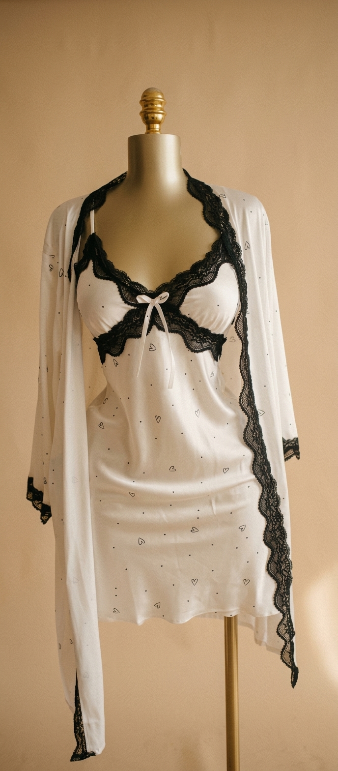 White Heart-Print Black Lace-Trimmed Robe and Chemise Set