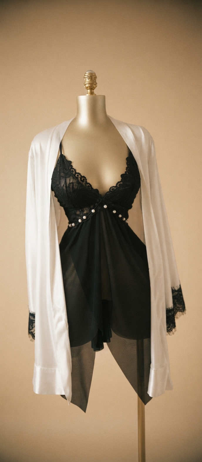 Black Lace and Pearl-Trimmed Lingerie Robe and Chemise Set