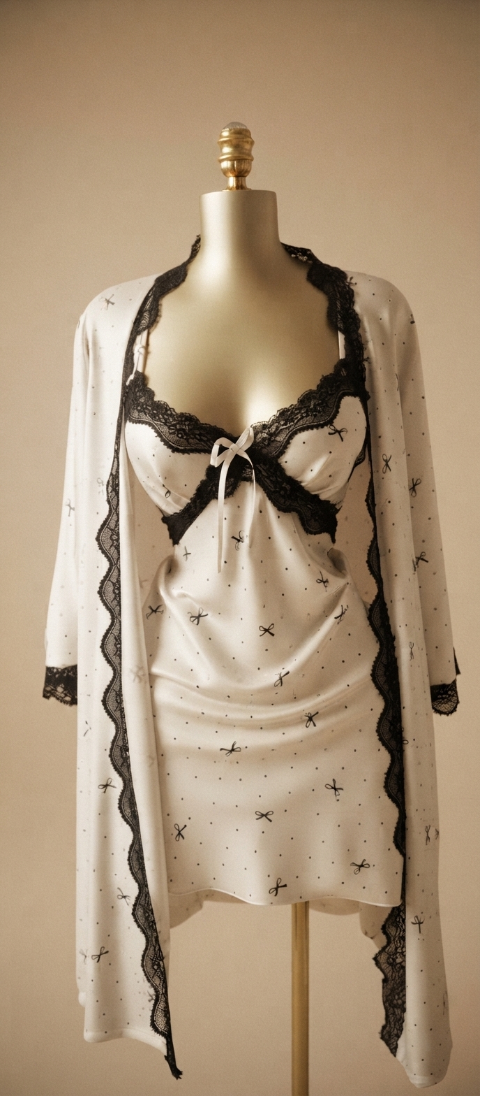 White Bow-Print Black Lace-Trimmed Robe and Chemise Set