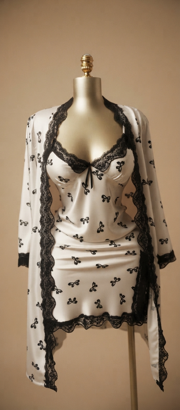 White Butterfly-Print Black Lace-Trimmed Robe and Chemise Set
