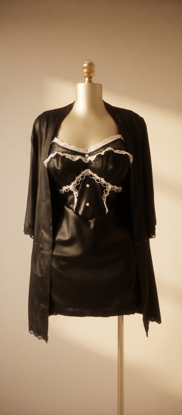 Black Satin White Lace and Pearl-Trimmed Robe and Chemise Set