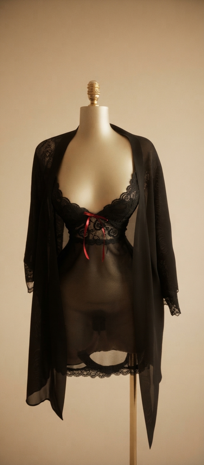 Black Lace and Mesh Robe and Chemise Set with Red Ribbon