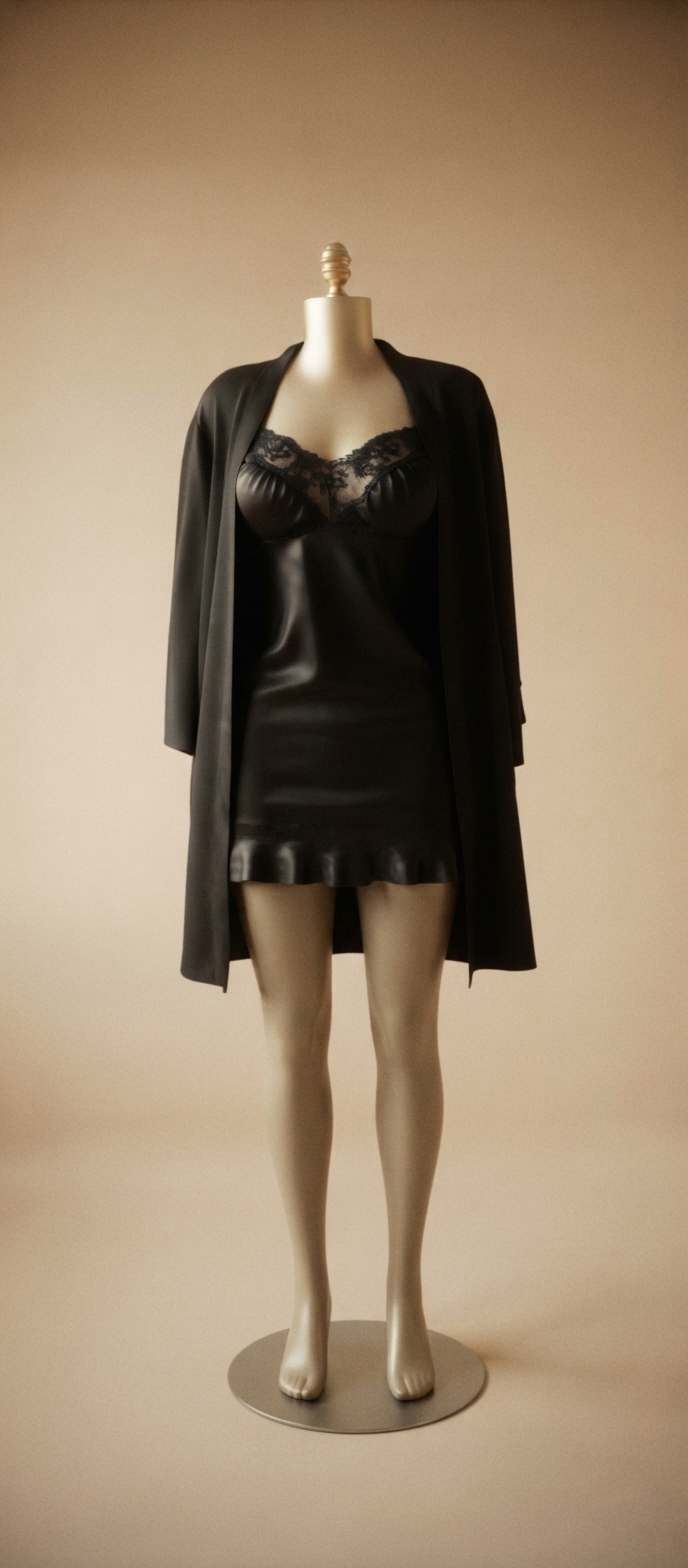 Black Satin Lace-Trimmed Robe and Chemise Set