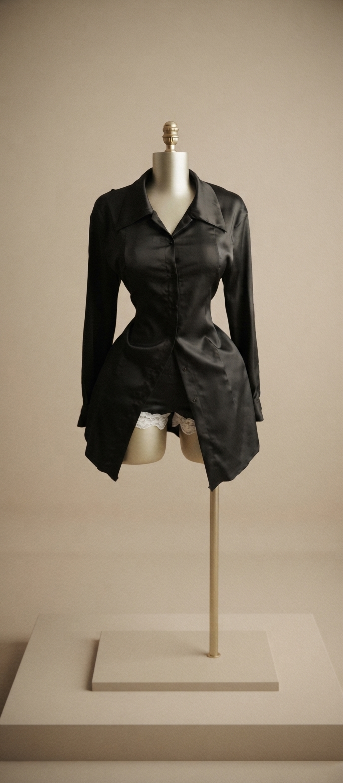 Black Satin Long-Sleeve Shirt and Lace-Trimmed Shorts Set