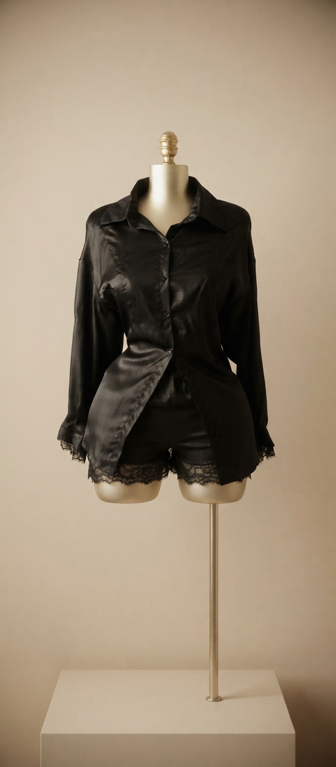 Black Satin Long-Sleeve Shirt and Black Lace-Trimmed Shorts Set