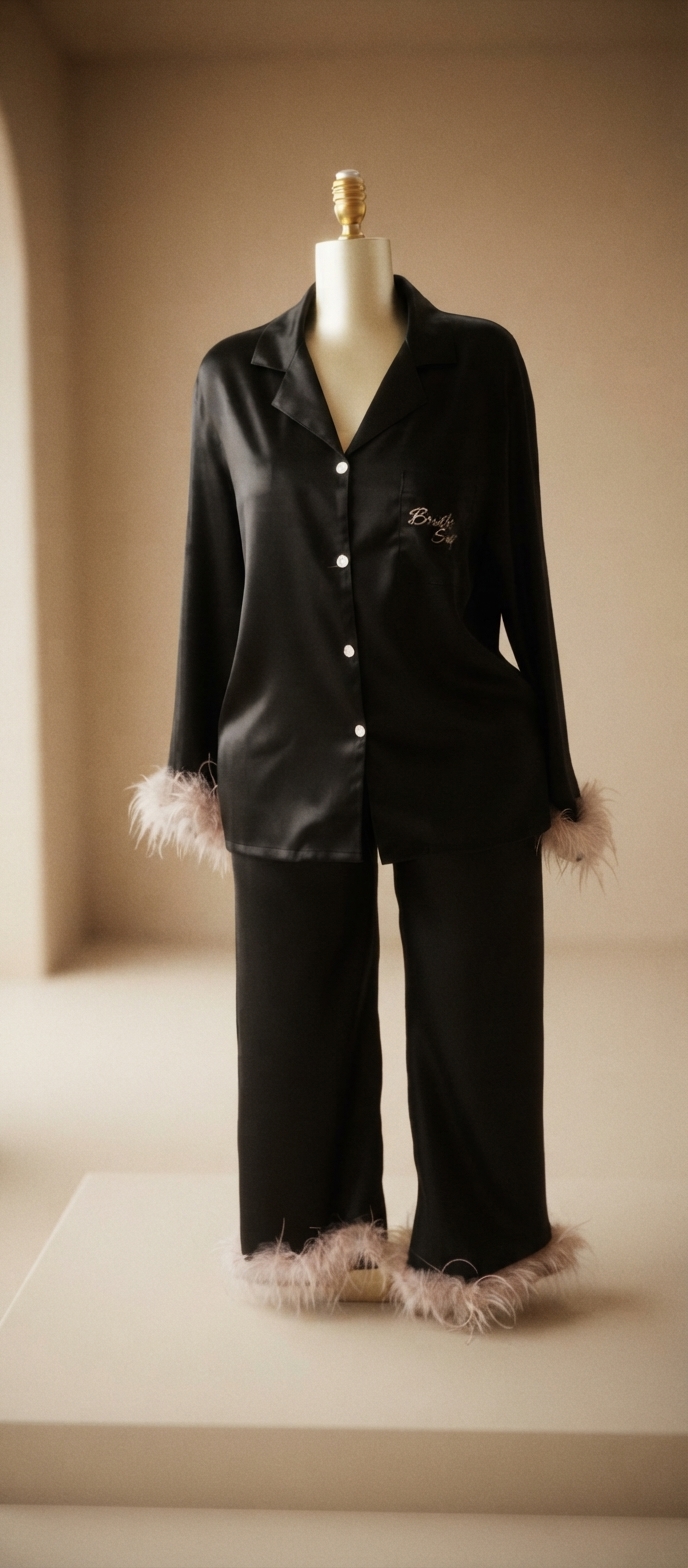 Satin Feather-Trimmed Long-Sleeve Pyjama Set