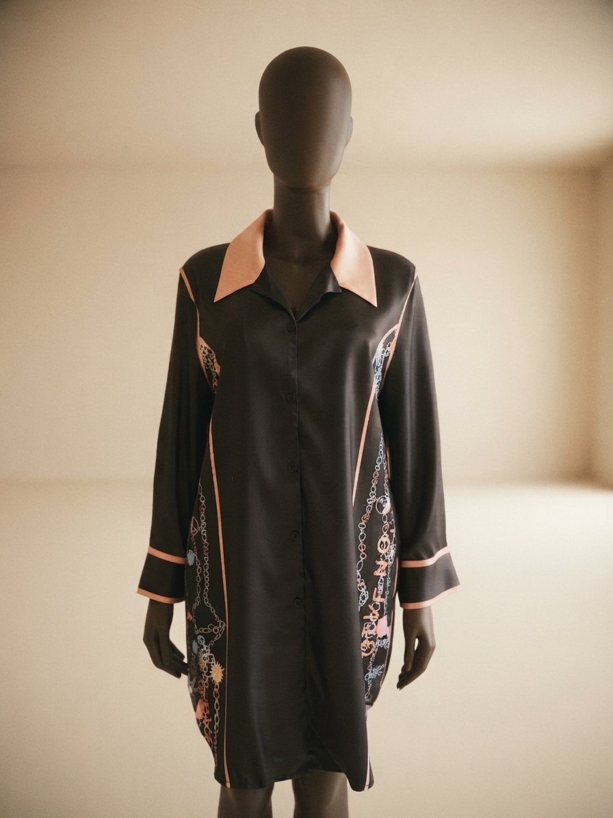 Black and Peach Satin Print Lounge Shirt Dress