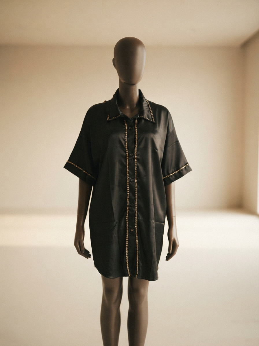 Black Satin Stud-Embellished Short-Sleeve Lounge Shirt Dress