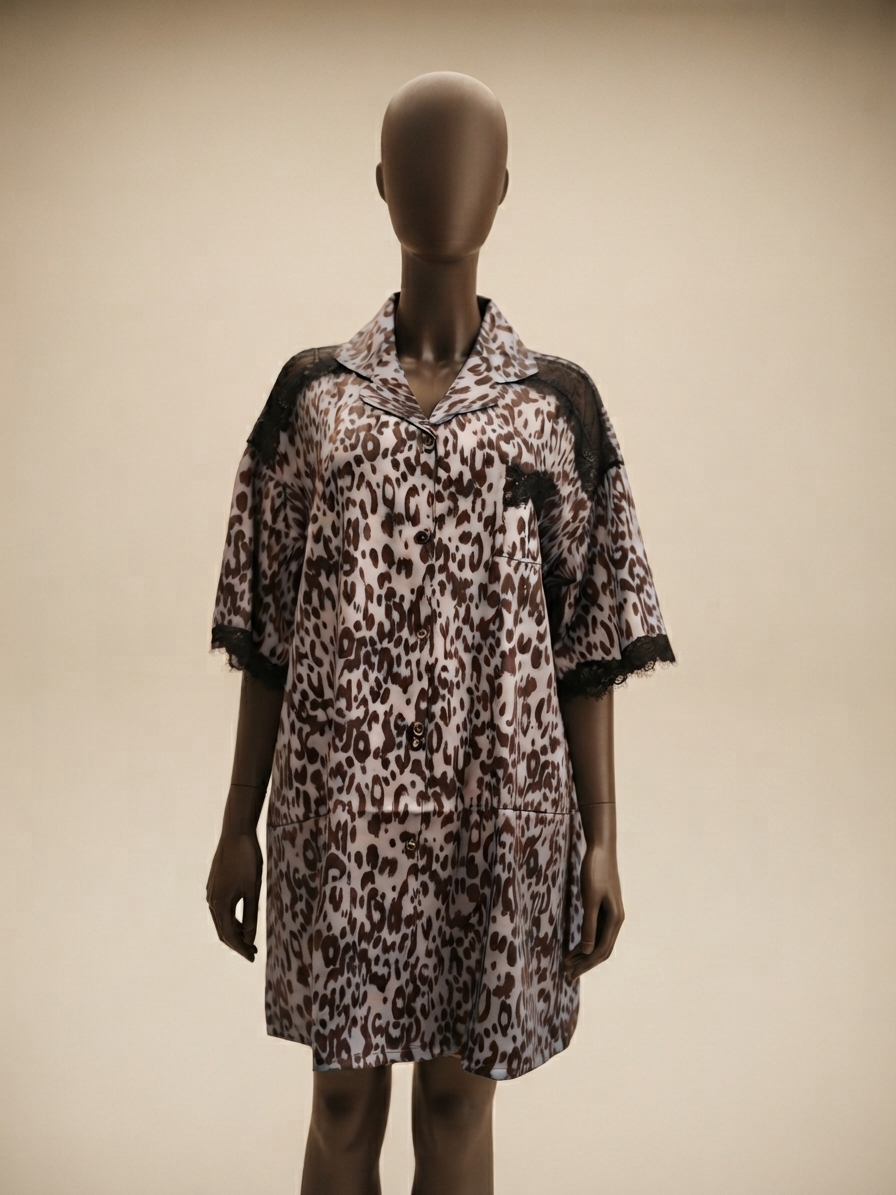 Mauve Leopard-Print Lace-Trimmed Lounge Shirt Dress