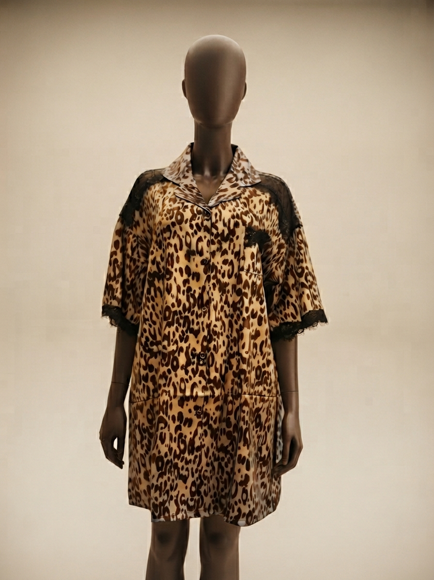 Brown Leopard-Print Lace-Trimmed Lounge Shirt Dress