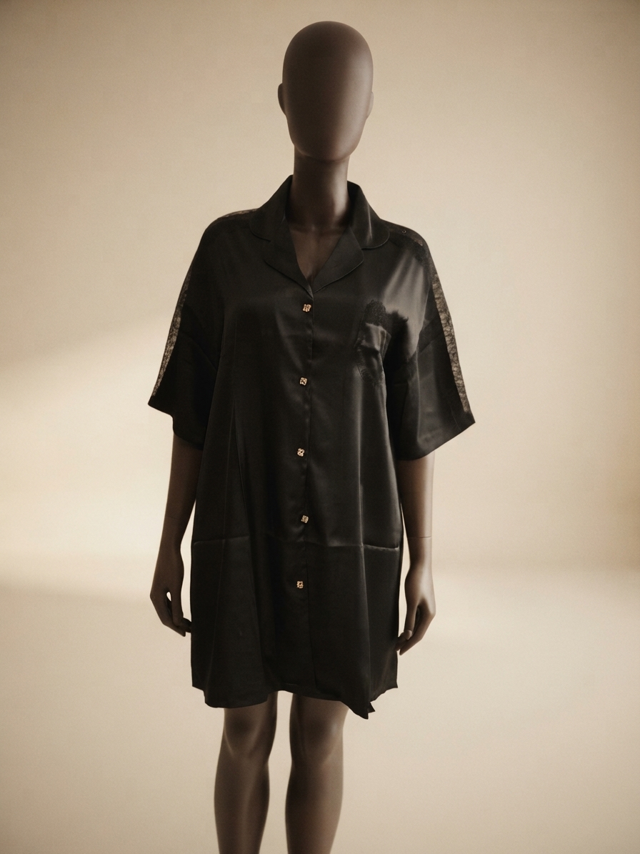 Satin Lace-Panel Short-Sleeve Lounge Shirt Dress