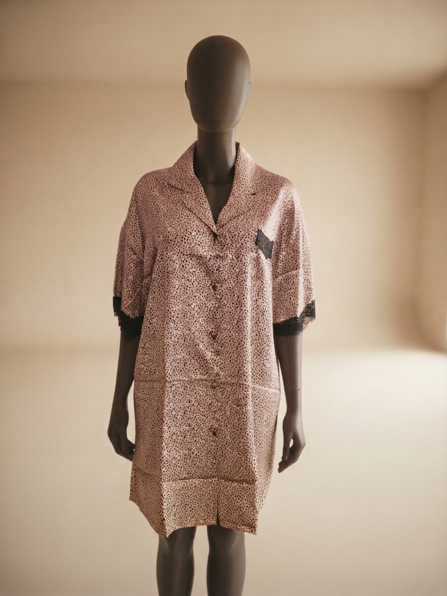 Pink and Black Fine Leopard-Print Lace-Trimmed Lounge Shirt Dress