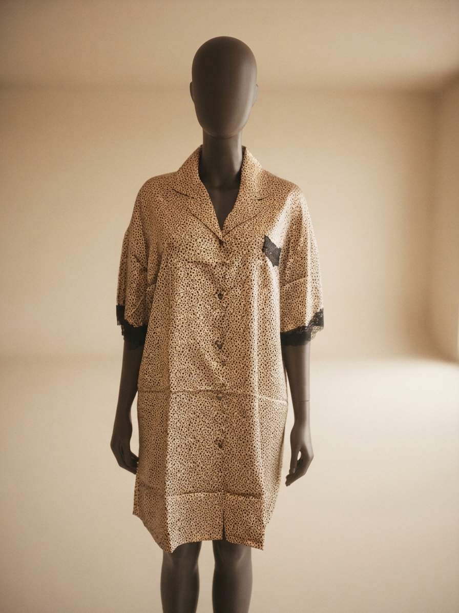 Gold and Black Fine Leopard-Print Lace-Trimmed Lounge Shirt Dress