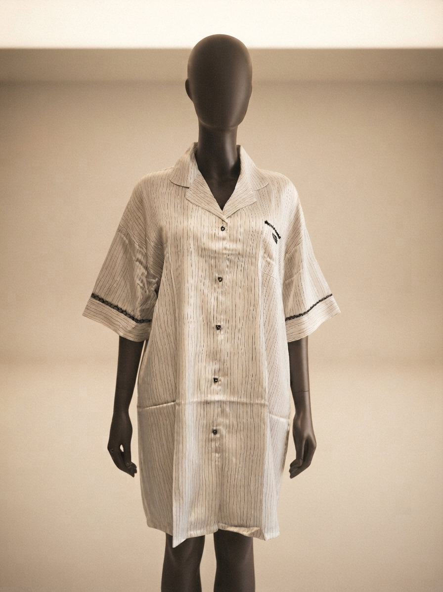 Pinstripe Lace-Trimmed Lounge Shirt Dress