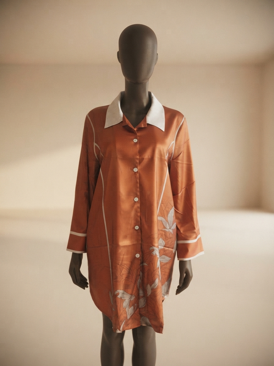 Rust and White Satin Floral Print Long-Sleeve Lounge Shirt Dress